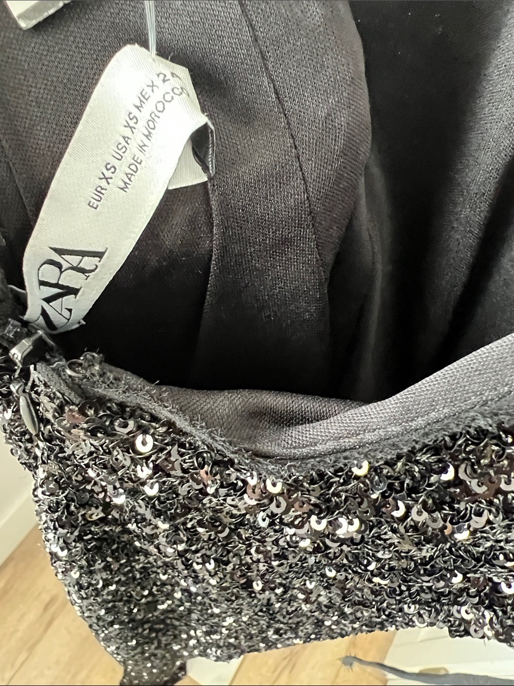 Zara Sequin Long Sleeve Elegant Shoulder Pad Black Long Dress Gown XS - Picture 10 of 11